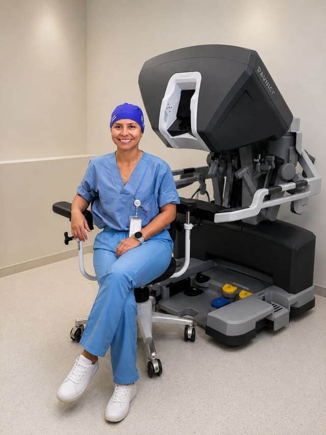 Dra. Vanessa Mosquera junto a la consola del sistema robótico Da Vinci